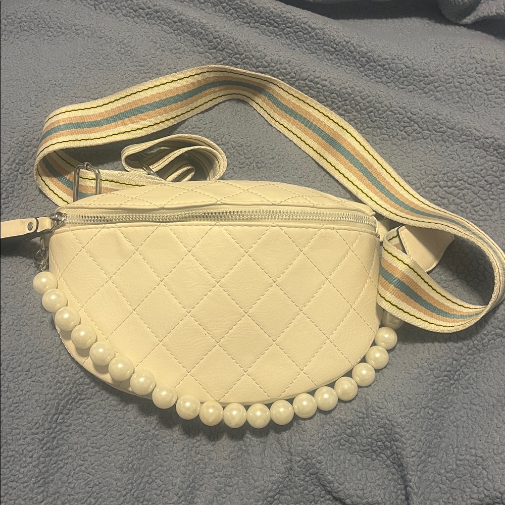Leather Quilted Cream Crossbody Bag with Pearl Detail